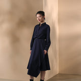 Multi-Way Stretch Nylon Plain Weave Fit & Flare Lapel Collar Dress with Belt