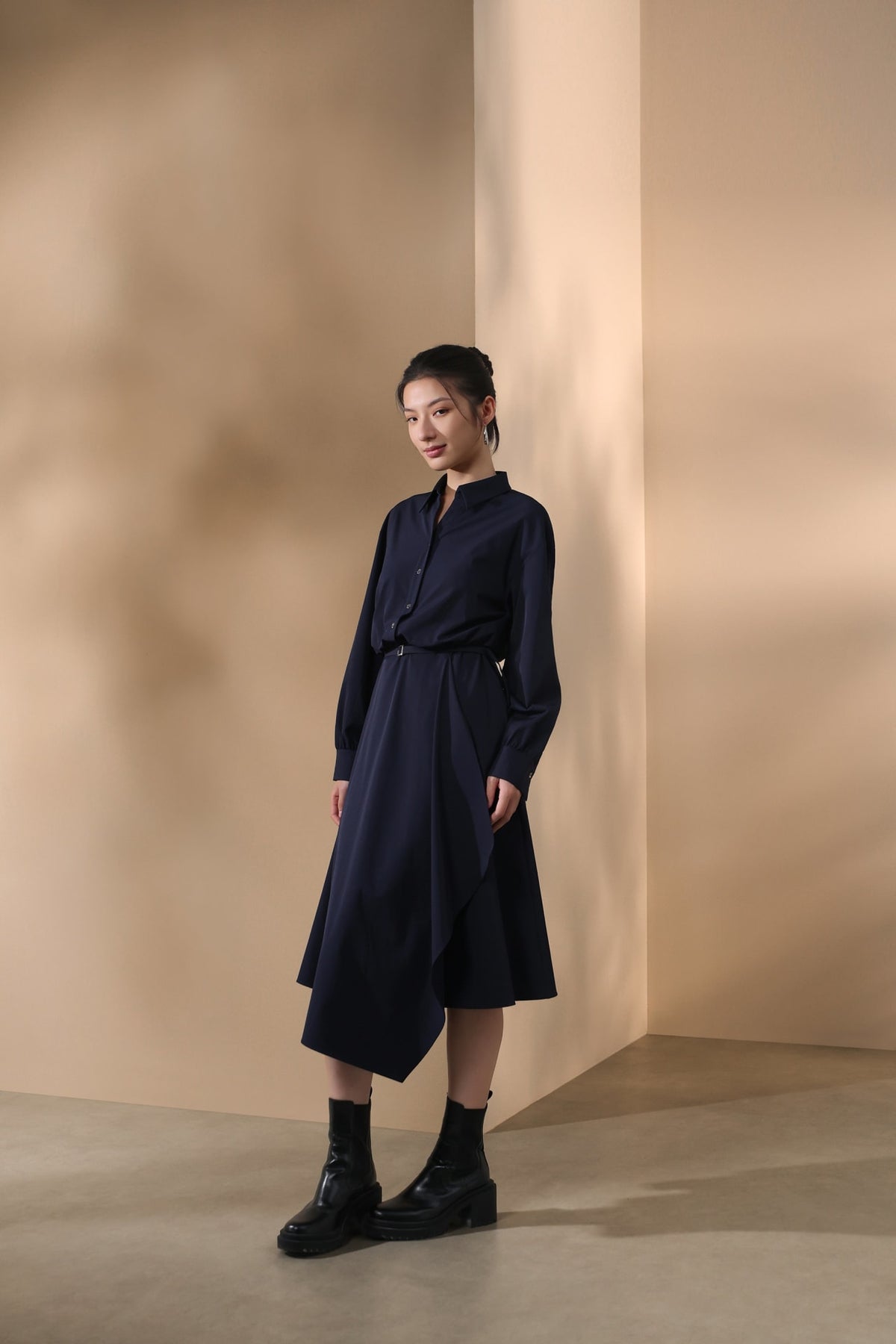 Multi-Way Stretch Nylon Plain Weave Fit & Flare Lapel Collar Dress with Belt