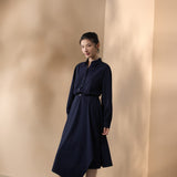 Multi-Way Stretch Nylon Plain Weave Fit & Flare Lapel Collar Dress with Belt
