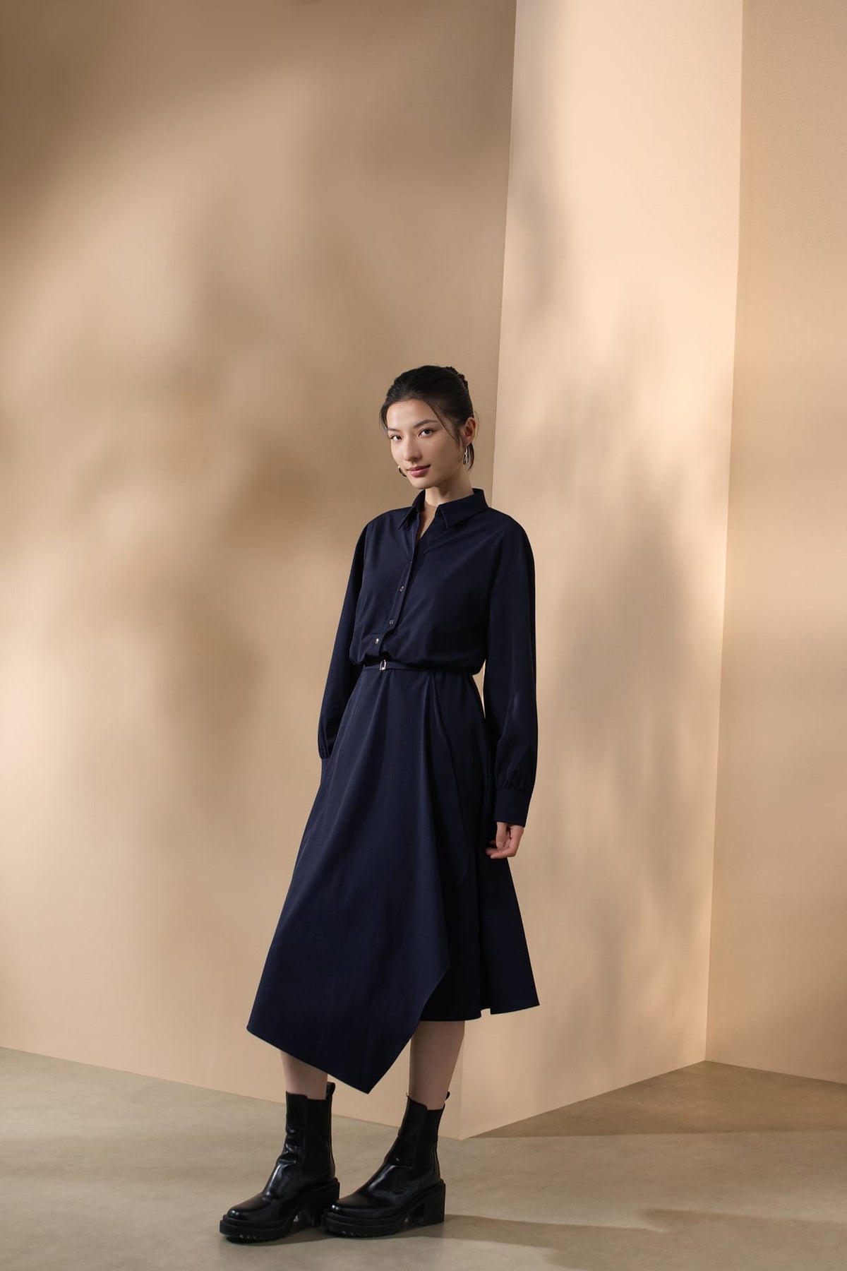 Multi-Way Stretch Nylon Plain Weave Fit & Flare Lapel Collar Dress with Belt