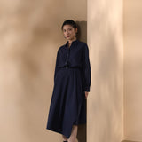 Multi-Way Stretch Nylon Plain Weave Fit & Flare Lapel Collar Dress with Belt