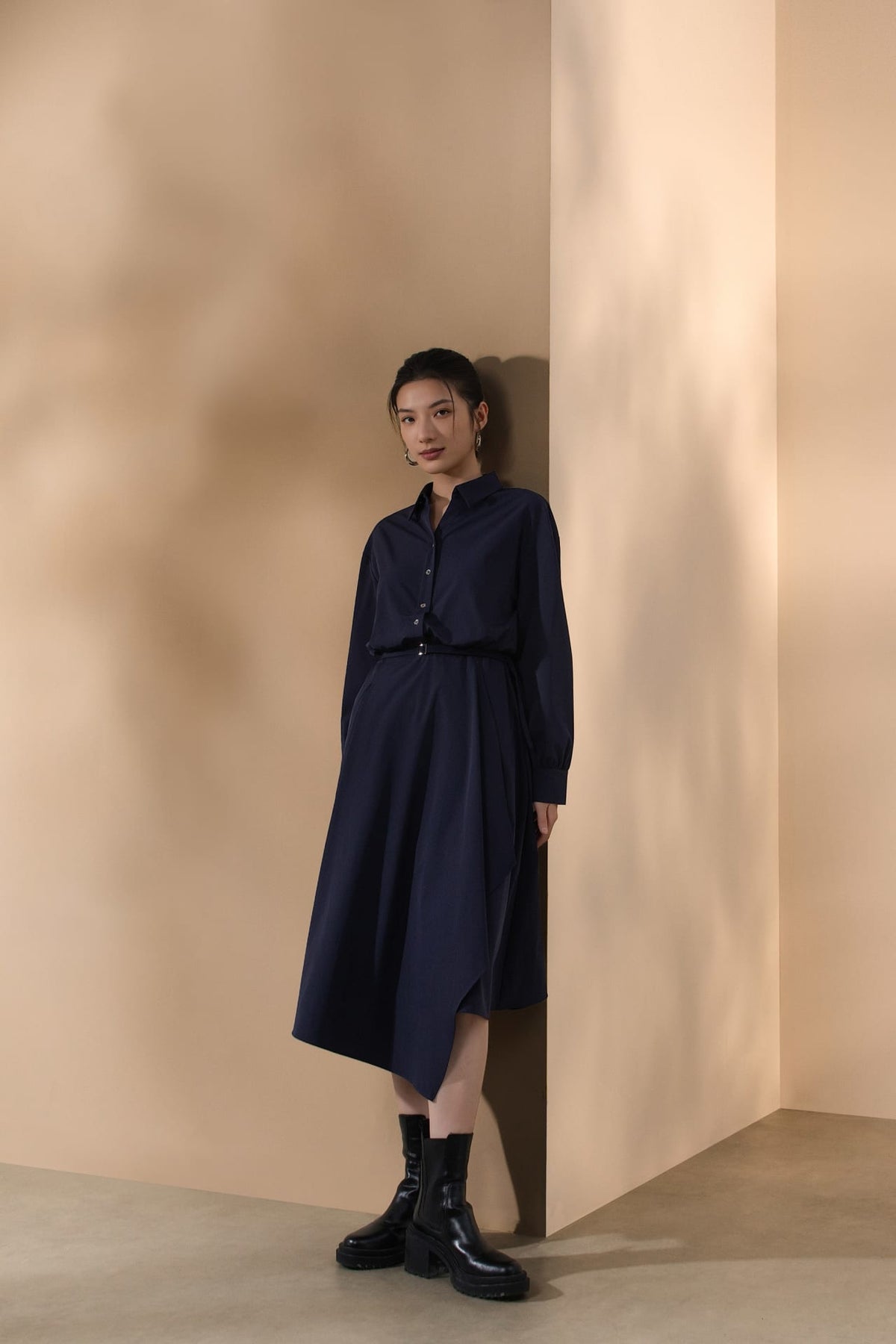 Multi-Way Stretch Nylon Plain Weave Fit & Flare Lapel Collar Dress with Belt