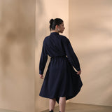 Multi-Way Stretch Nylon Plain Weave Fit & Flare Lapel Collar Dress with Belt