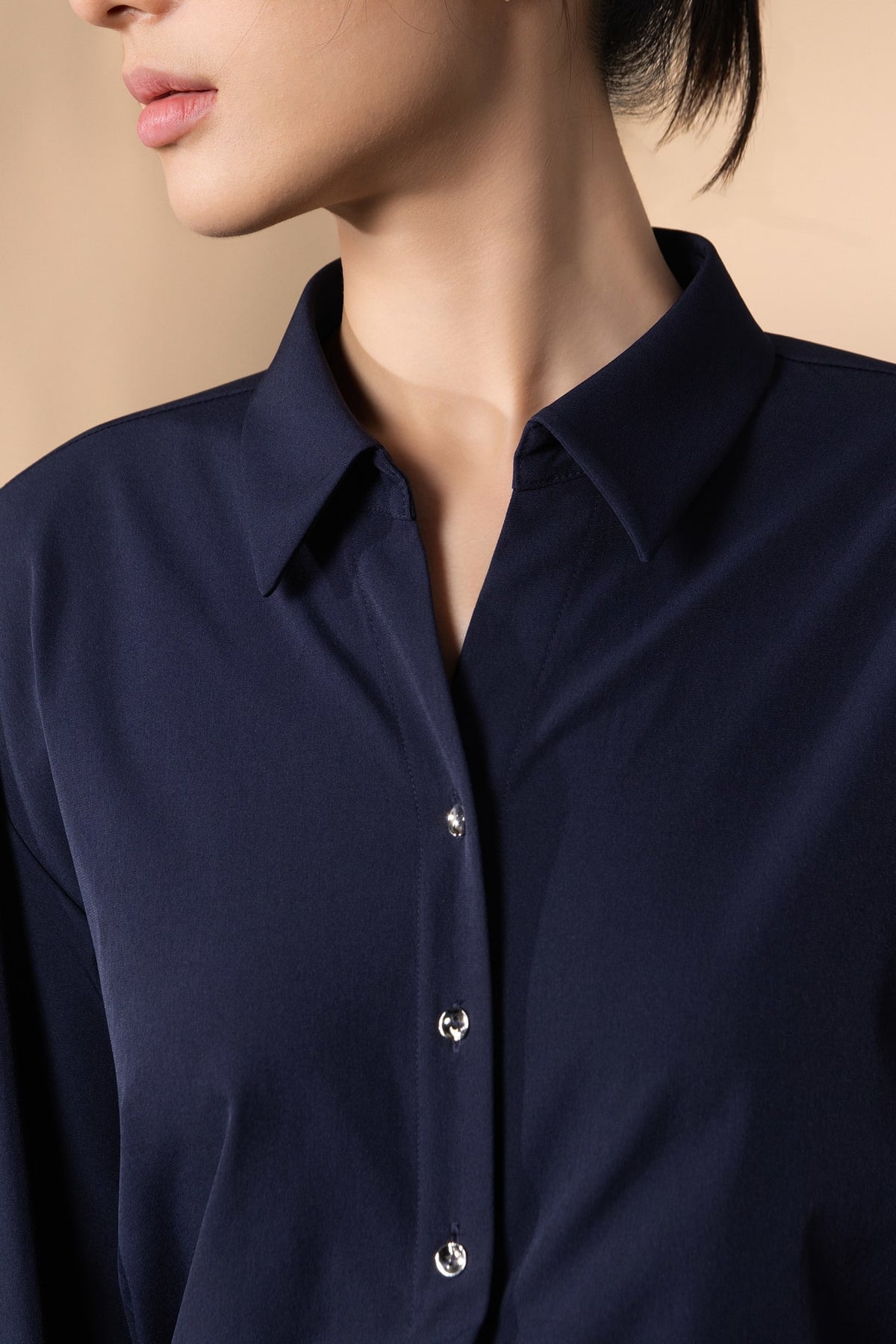 Multi-Way Stretch Nylon Plain Weave Fit & Flare Lapel Collar Dress with Belt