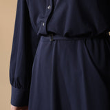 Multi-Way Stretch Nylon Plain Weave Fit & Flare Lapel Collar Dress with Belt