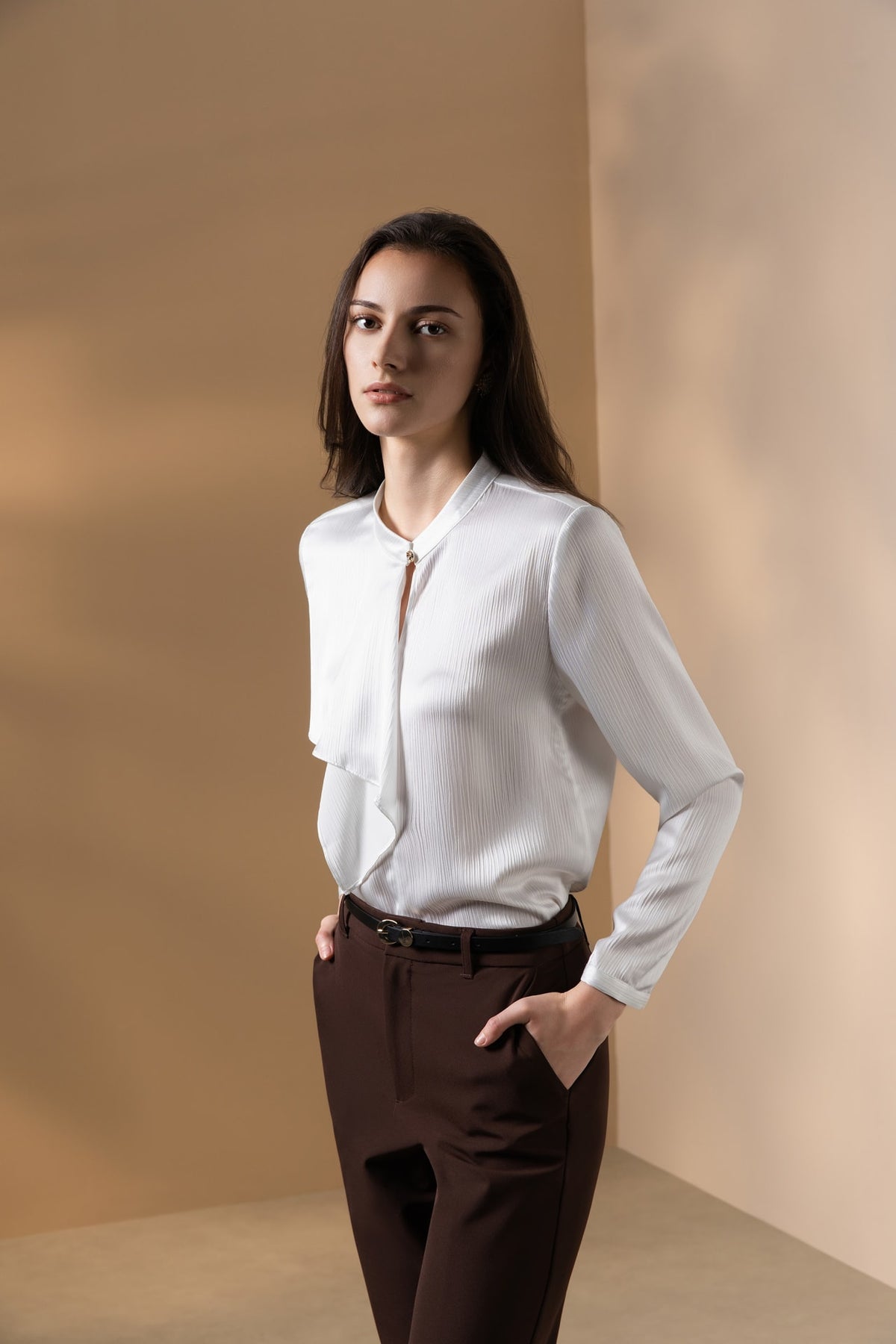 Poly Crepe Relax Fit Stand Collar Blouse