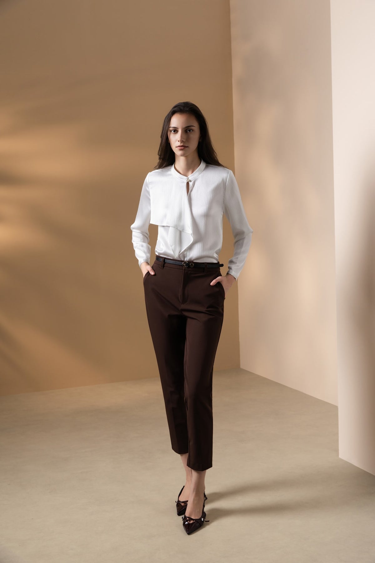 Poly Crepe Relax Fit Stand Collar Blouse
