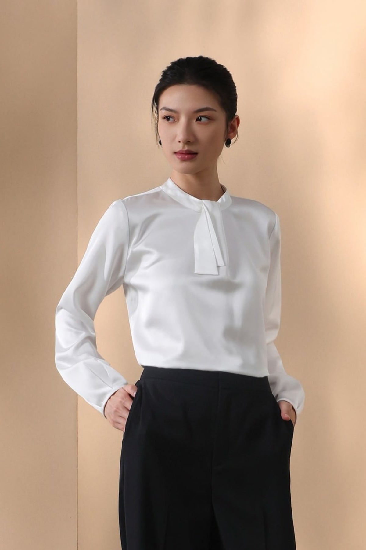 Poly Satin Regular Fit Stand Collar Blouse