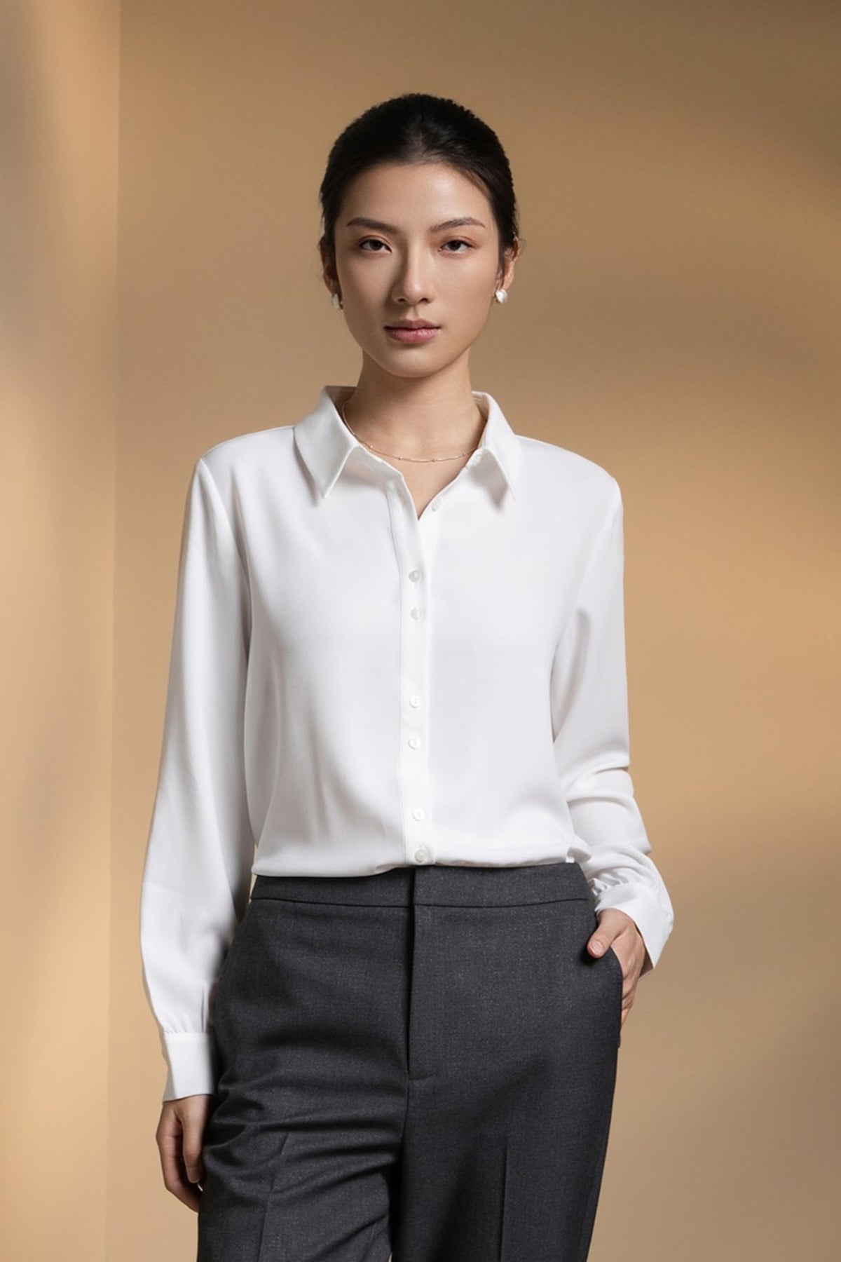 Poly Crepe Crinkle Regular Fit Shirt Collar Blouse