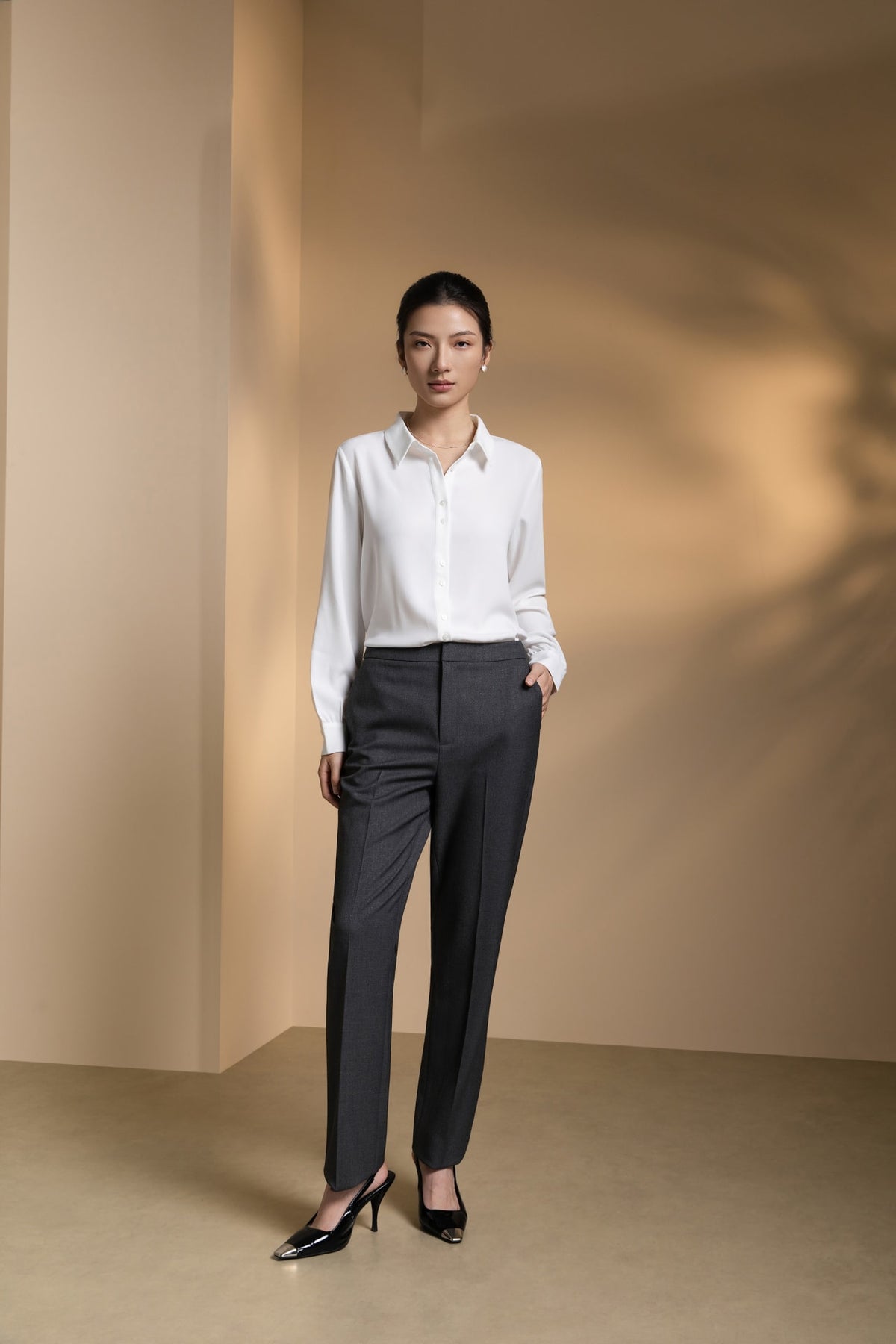 Poly Crepe Crinkle Regular Fit Shirt Collar Blouse
