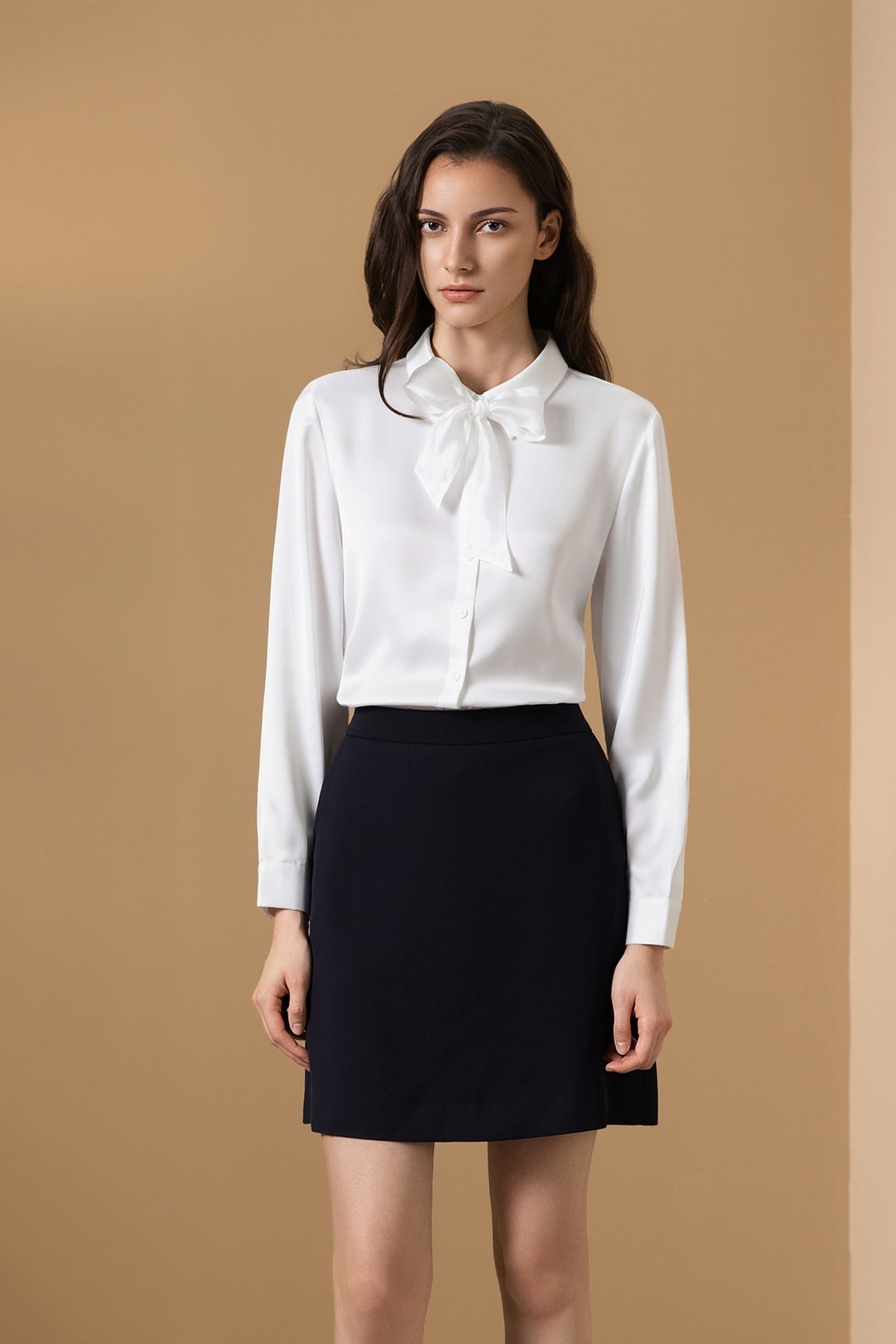 Poly Fine Twill Regular Fit Shirt Collar Blouse with Detachable Organza Bow