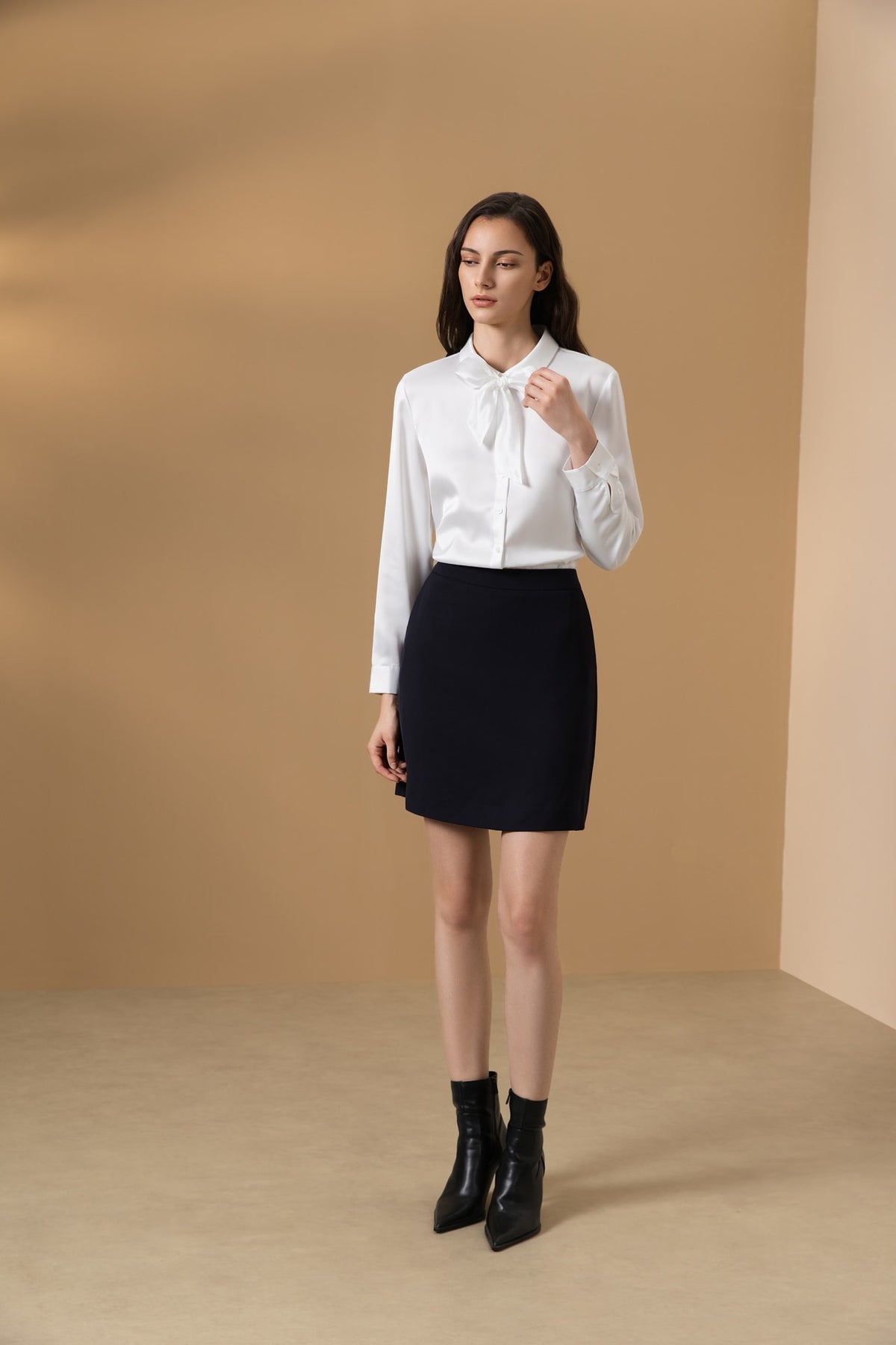 Poly Fine Twill Regular Fit Shirt Collar Blouse with Detachable Organza Bow