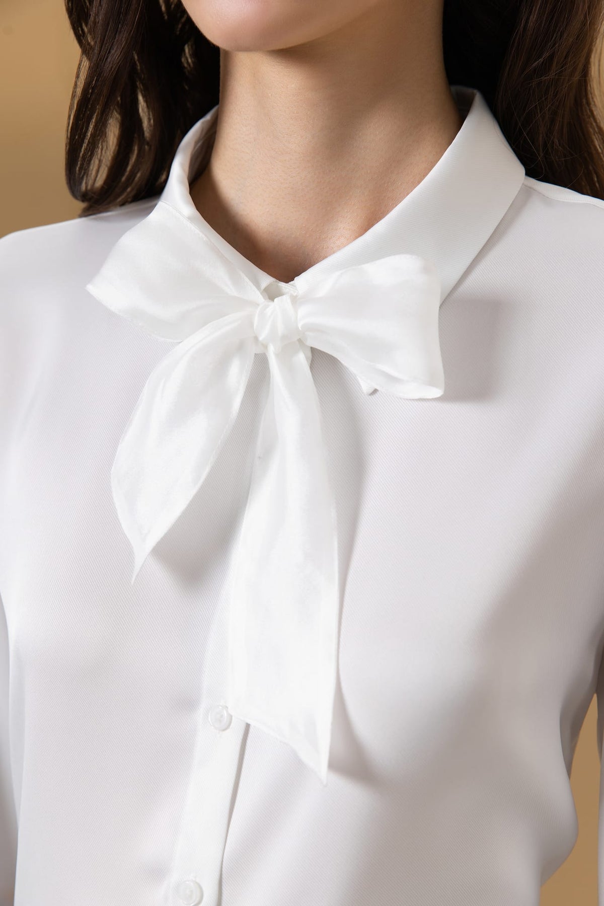 Poly Fine Twill Regular Fit Shirt Collar Blouse with Detachable Organza Bow