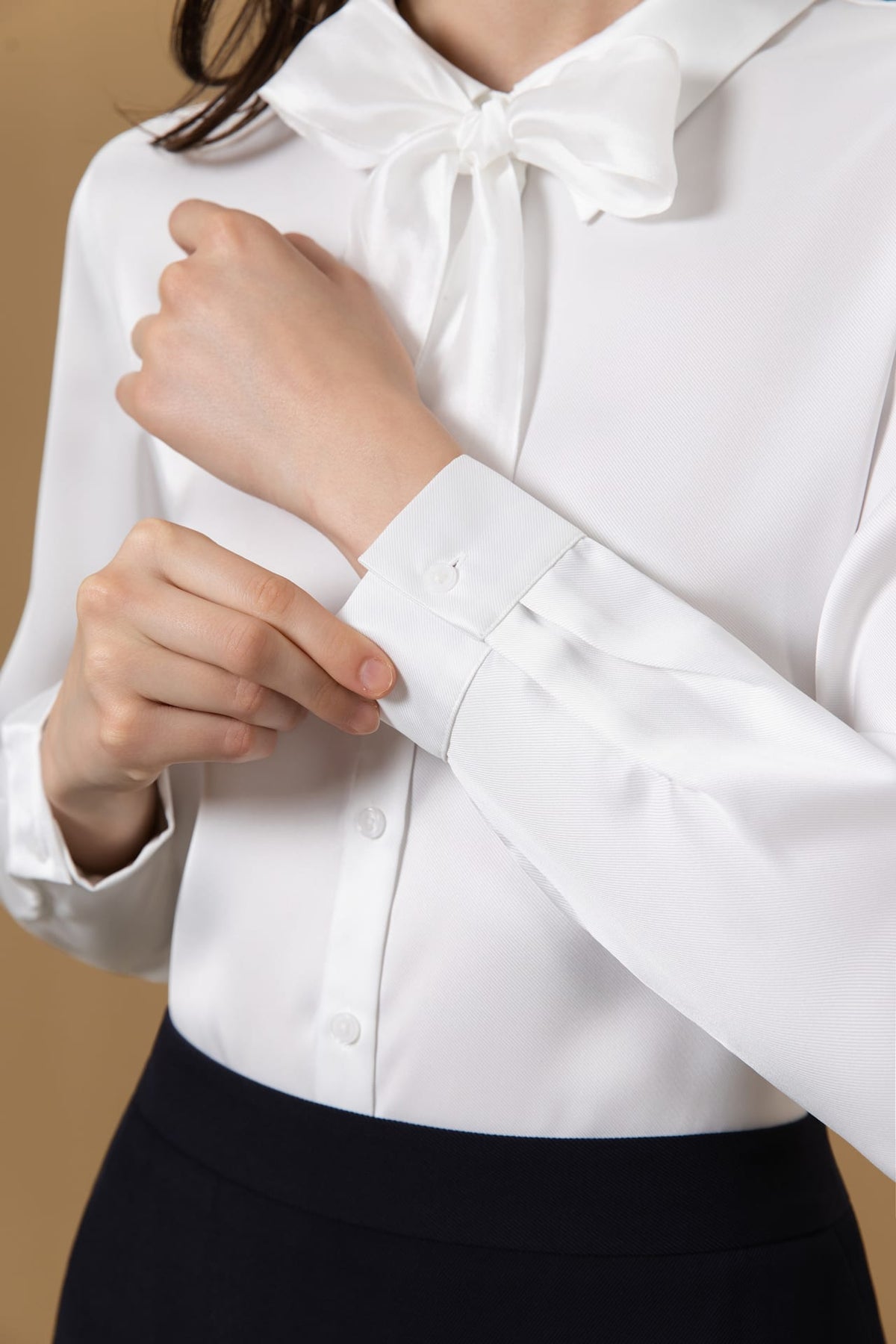 Poly Fine Twill Regular Fit Shirt Collar Blouse with Detachable Organza Bow