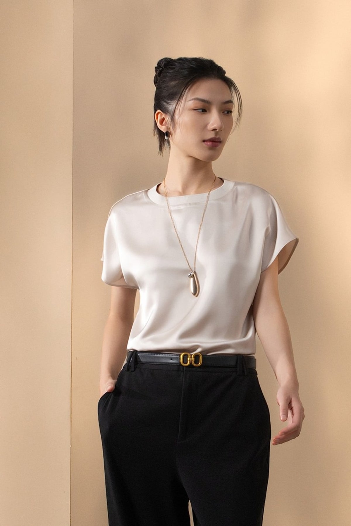 Poly Satin Regular Fit Round Neck Short Sleeve Blouse