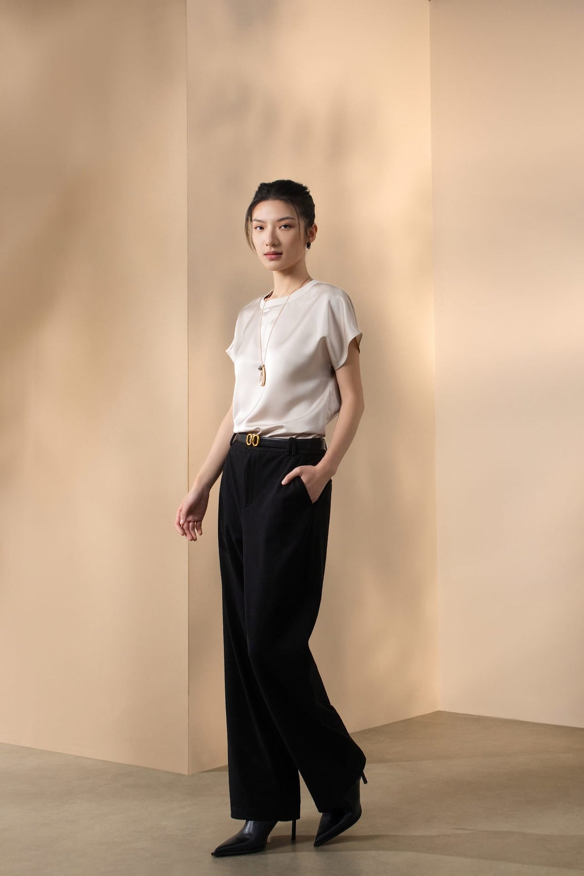 Poly Satin Regular Fit Round Neck Short Sleeve Blouse