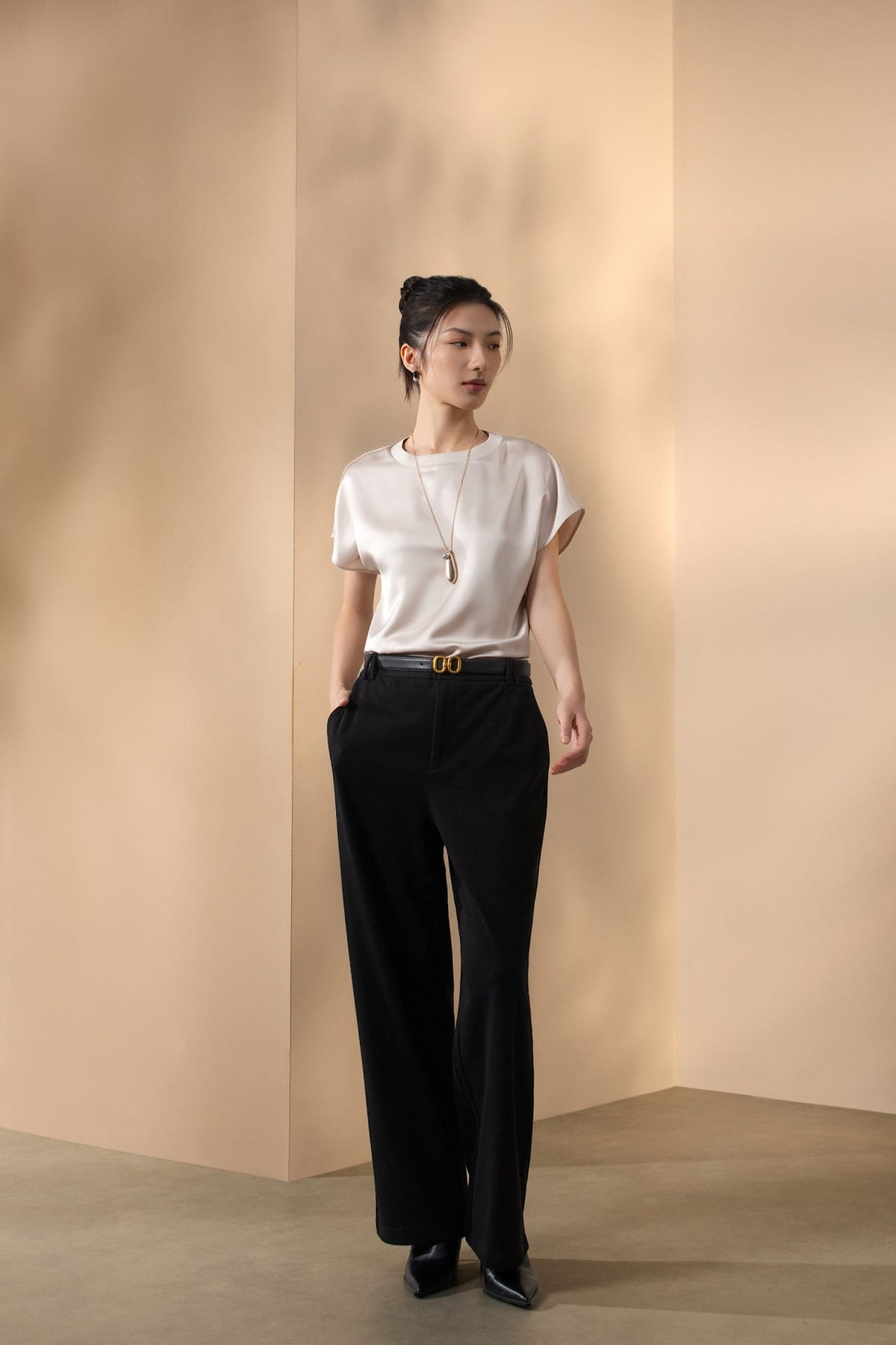 Poly Satin Regular Fit Round Neck Short Sleeve Blouse
