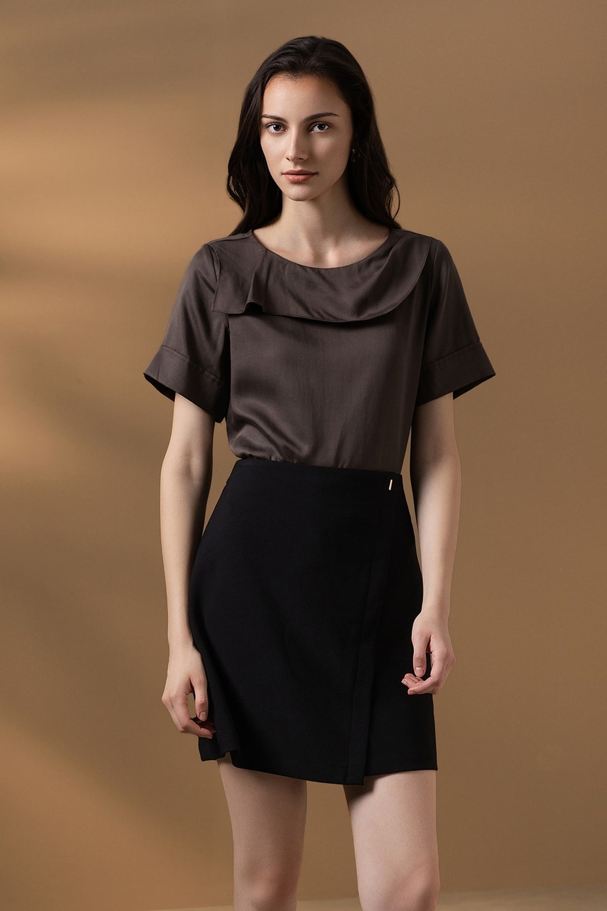 Lyocell Twill Regular Fit Drape Collar Short Sleeve Blouse