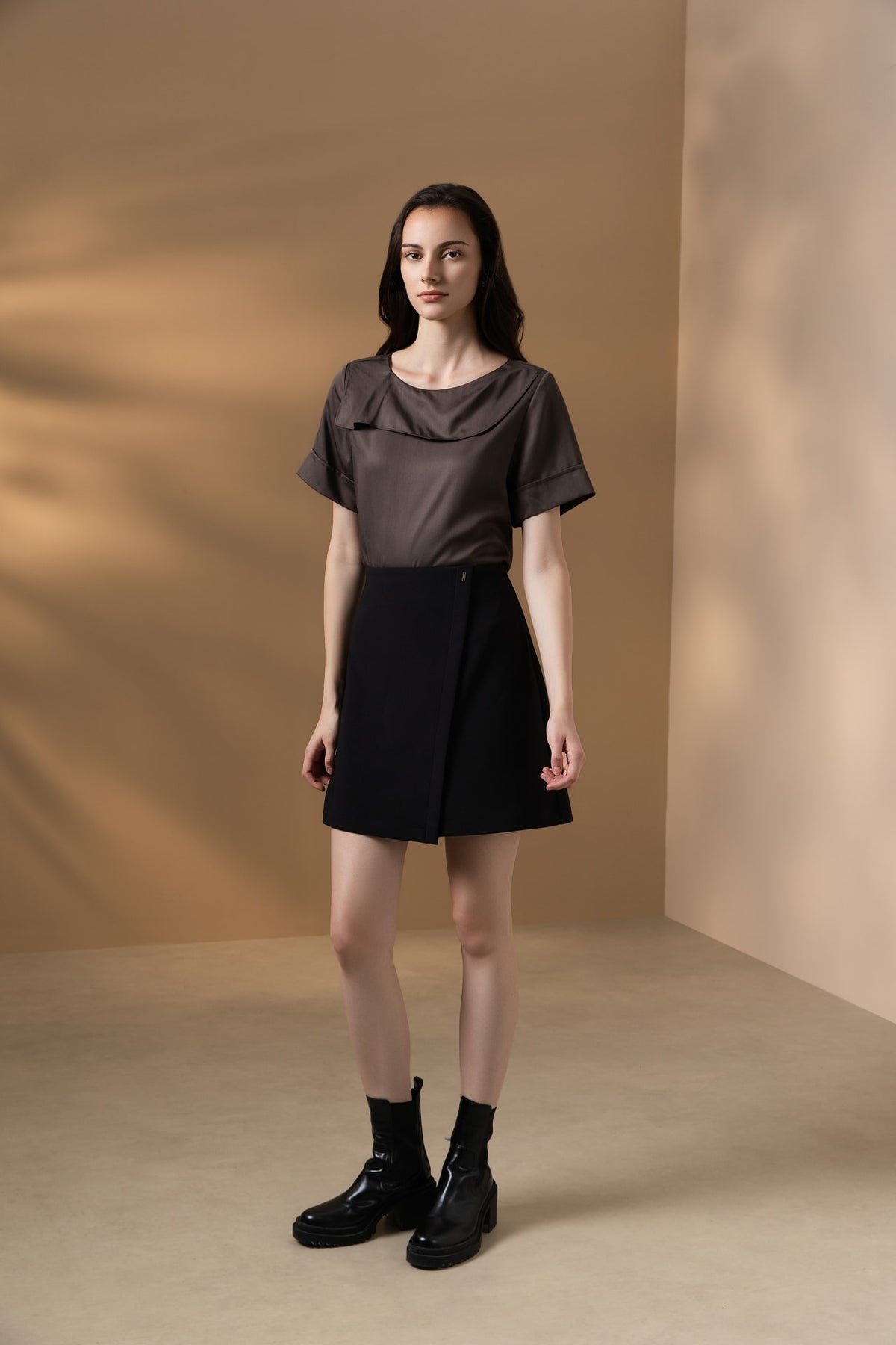 Lyocell Twill Regular Fit Drape Collar Short Sleeve Blouse