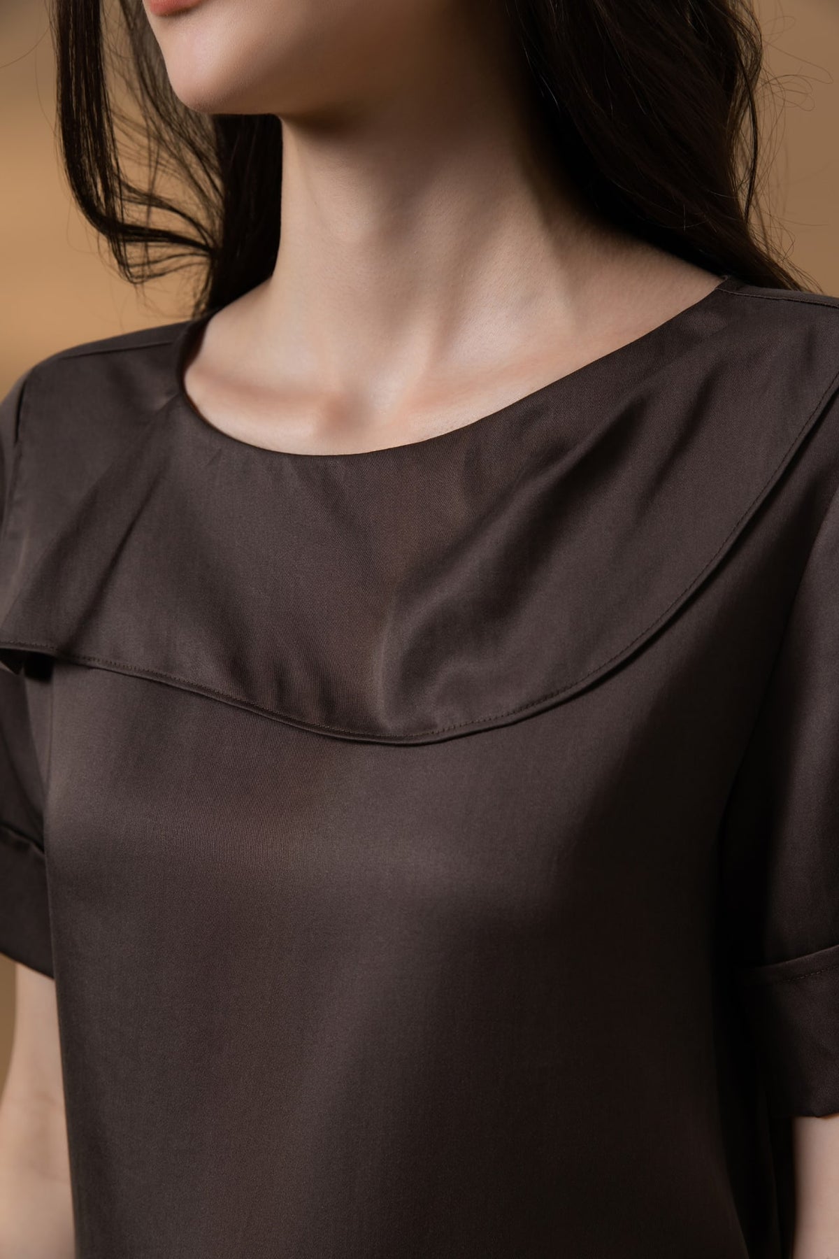 Lyocell Twill Regular Fit Drape Collar Short Sleeve Blouse