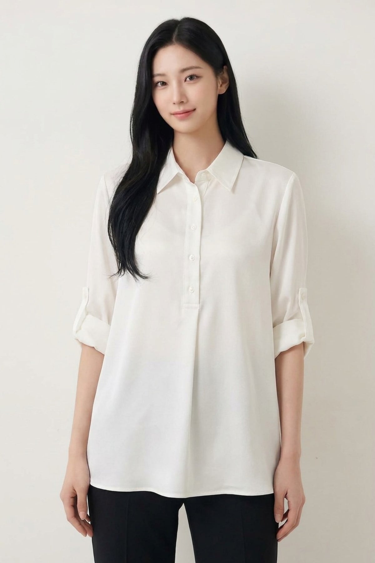 G2000 - Blouses - Poly Matte Satin Relax Fit Shirt Collar Short Sleeve Blouse - Egret - Relaxed