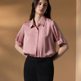 Poly Matte Satin Relax Fit Shirt Collar Short Sleeve Blouse