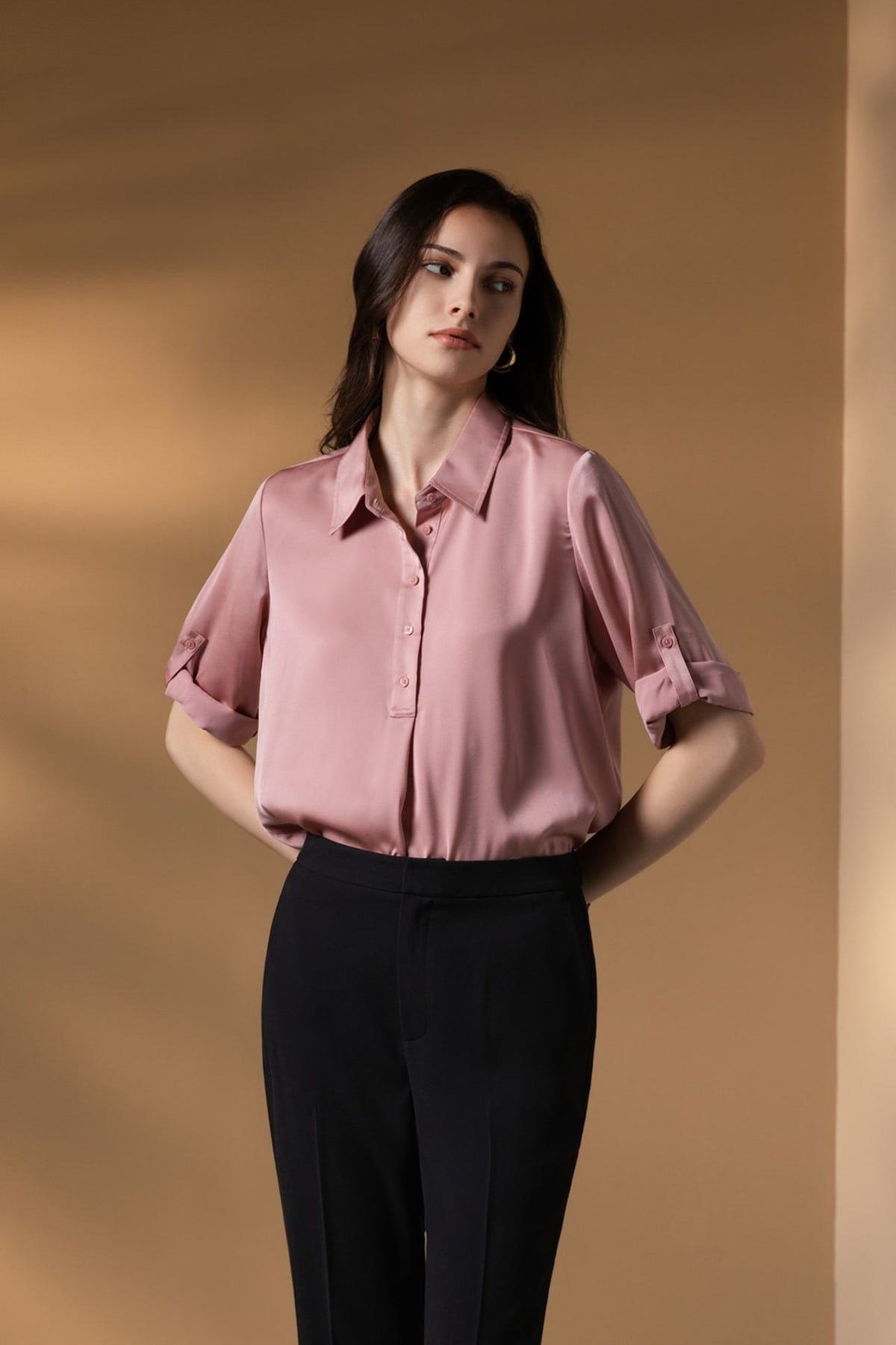 Poly Matte Satin Relax Fit Shirt Collar Short Sleeve Blouse