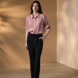 Poly Matte Satin Relax Fit Shirt Collar Short Sleeve Blouse