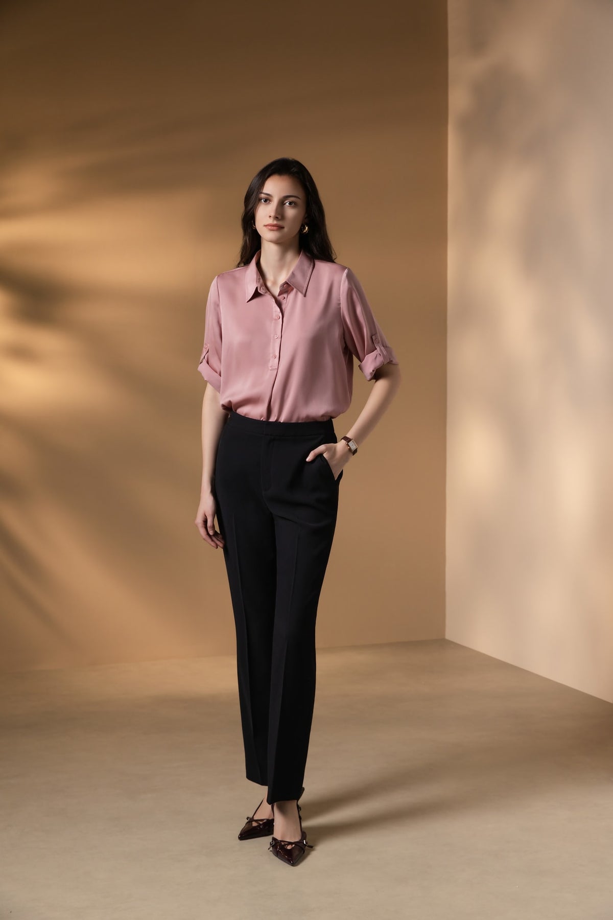 Poly Matte Satin Relax Fit Shirt Collar Short Sleeve Blouse