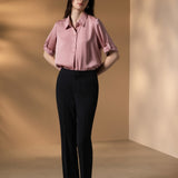 Poly Matte Satin Relax Fit Shirt Collar Short Sleeve Blouse