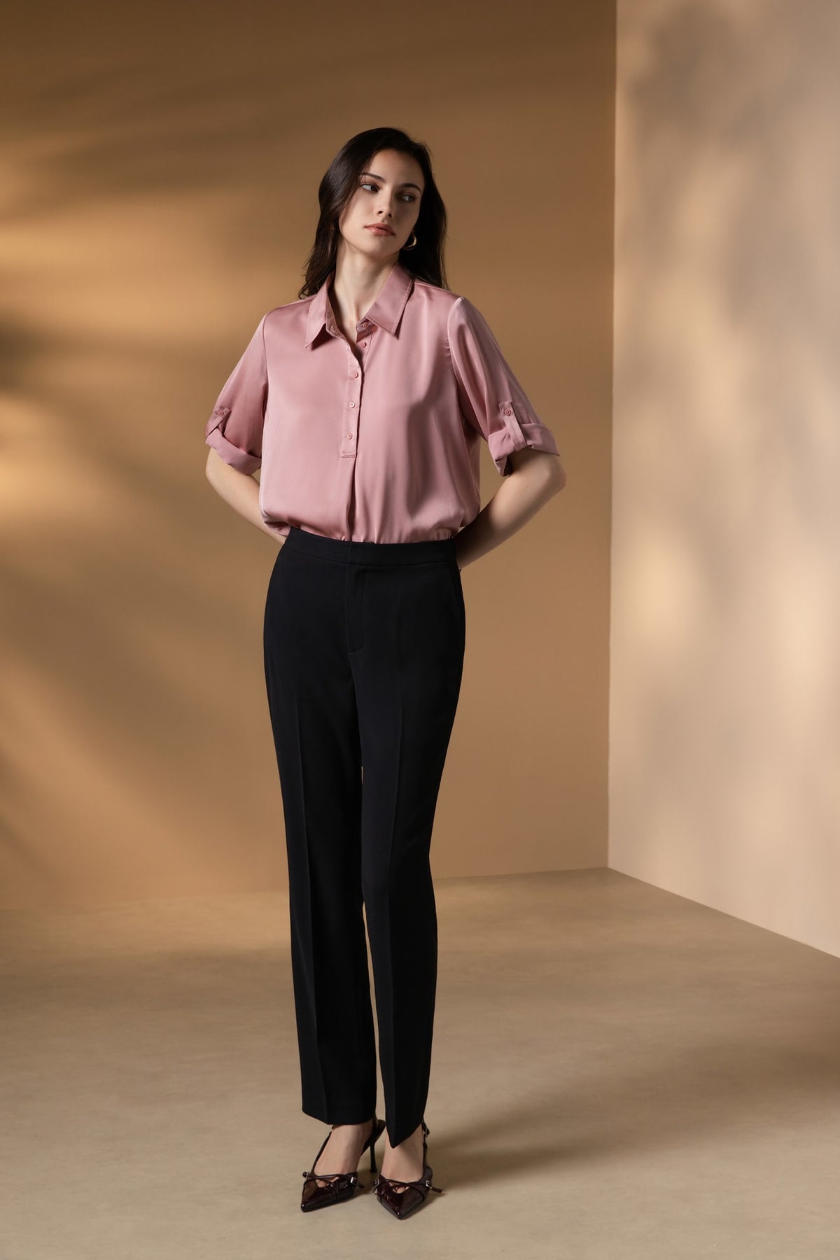 Poly Matte Satin Relax Fit Shirt Collar Short Sleeve Blouse