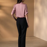 Poly Matte Satin Relax Fit Shirt Collar Short Sleeve Blouse