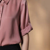 Poly Matte Satin Relax Fit Shirt Collar Short Sleeve Blouse