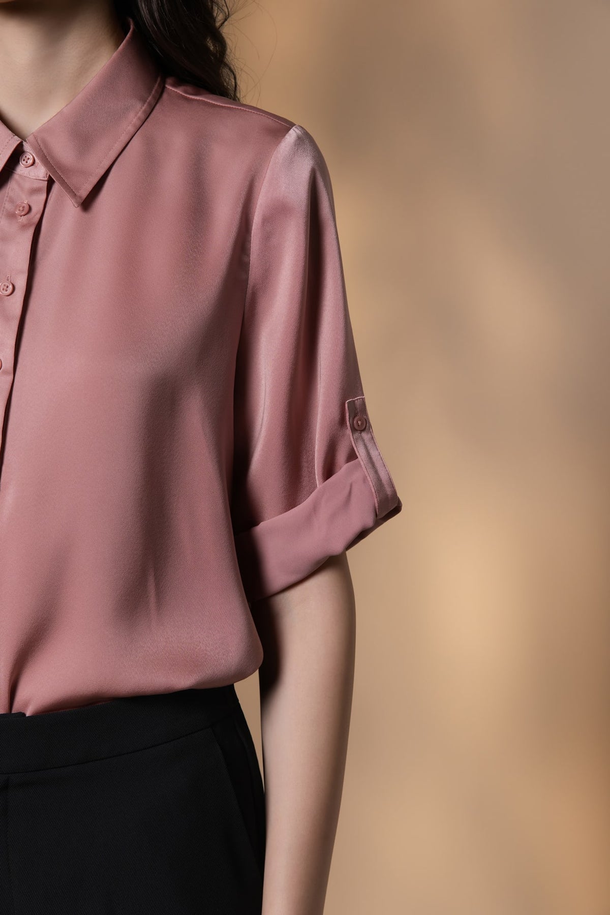 Poly Matte Satin Relax Fit Shirt Collar Short Sleeve Blouse