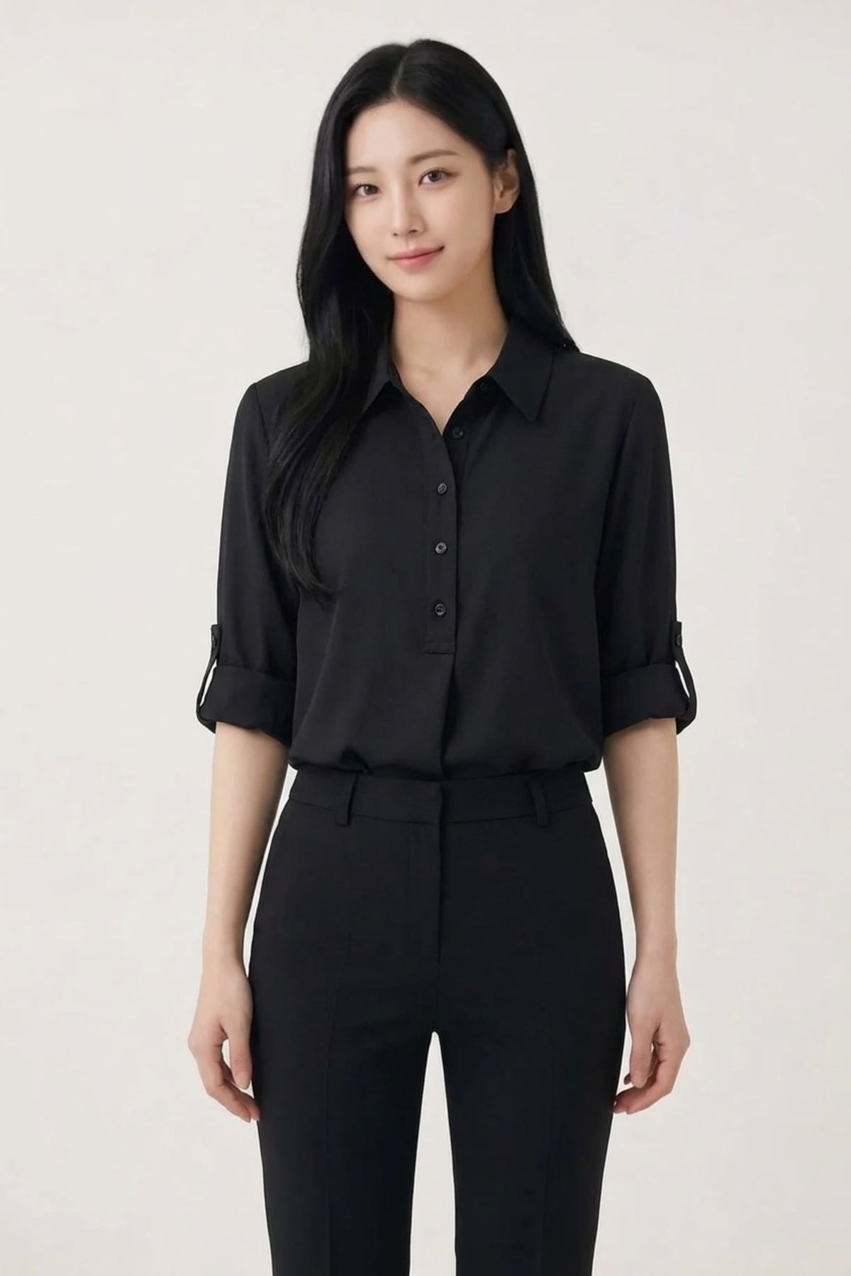 G2000 - Blouses - Poly Matte Satin Relax Fit Shirt Collar Short Sleeve Blouse - Black - Relaxed