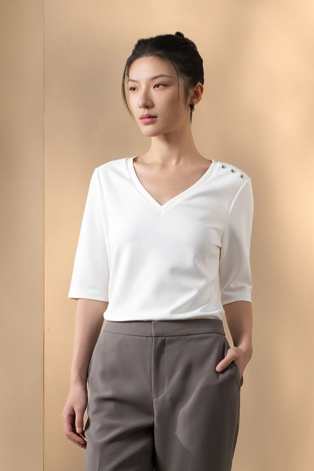 Cotton Blend Double Jersey Regular Fit V-Neck Top
