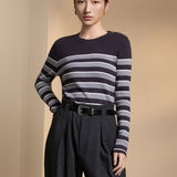 Poly Blend Seersucker Check Relax Fit Round Neck Short Sleeve Blouse with Self-Fabric Thin Belt