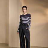 Poly Blend Seersucker Check Relax Fit Round Neck Short Sleeve Blouse with Self-Fabric Thin Belt