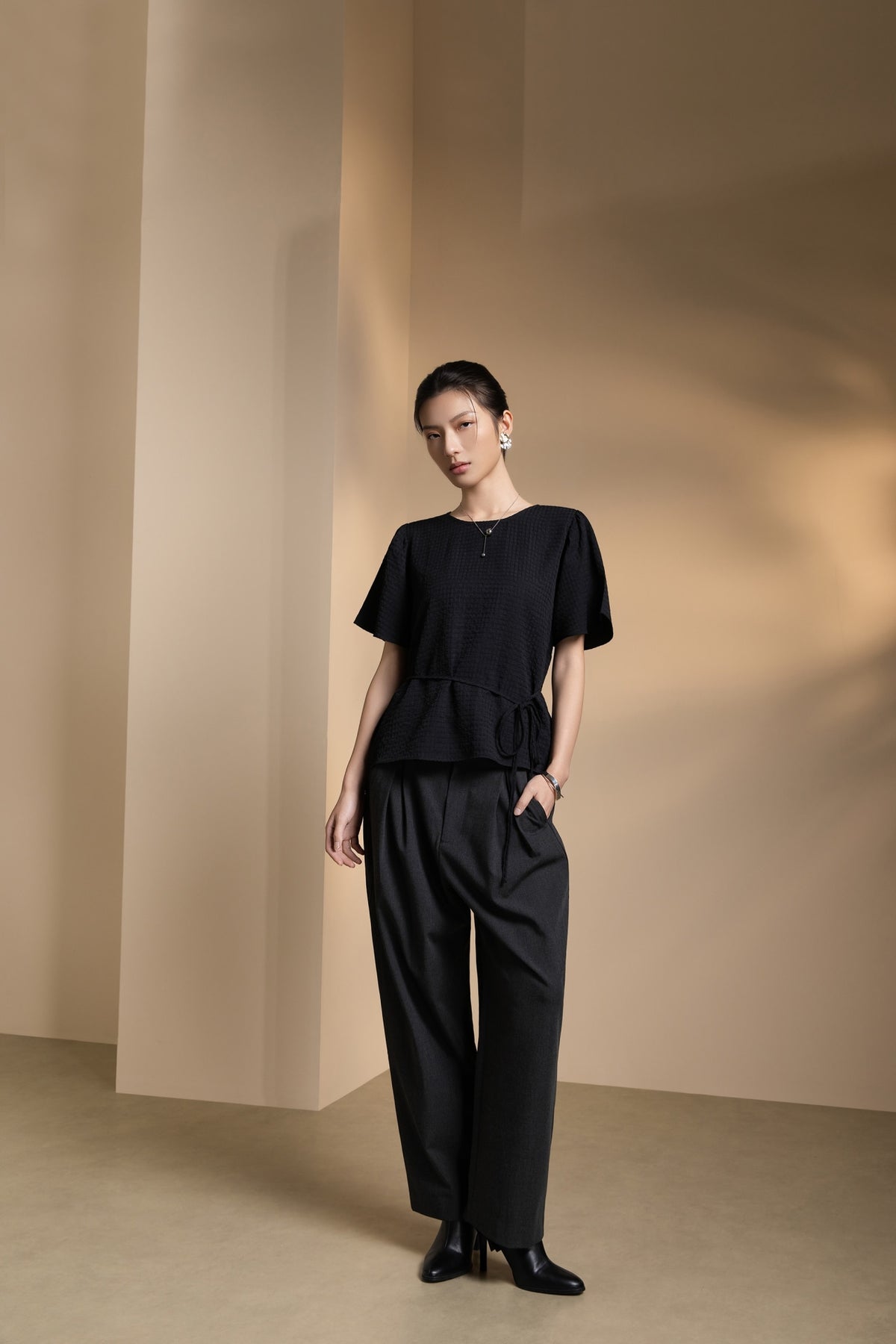 Poly Blend Seersucker Check Relax Fit Round Neck Short Sleeve Blouse with Self-Fabric Thin Belt
