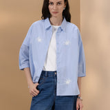 Cotton Blend Stripe Embroidery Oversize Fit Shirt Collar Short Sleeve Blouse
