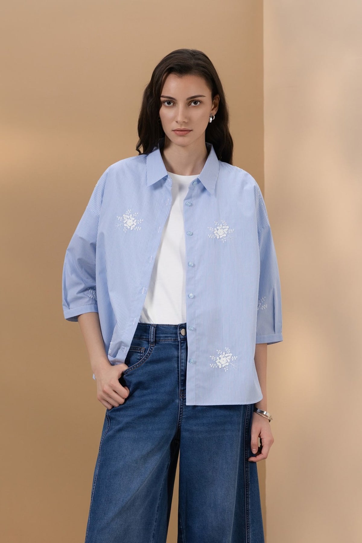 Cotton Blend Stripe Embroidery Oversize Fit Shirt Collar Short Sleeve Blouse