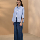 Cotton Blend Stripe Embroidery Oversize Fit Shirt Collar Short Sleeve Blouse