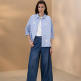 Cotton Blend Stripe Embroidery Oversize Fit Shirt Collar Short Sleeve Blouse