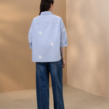 Cotton Blend Stripe Embroidery Oversize Fit Shirt Collar Short Sleeve Blouse