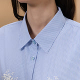 Cotton Blend Stripe Embroidery Oversize Fit Shirt Collar Short Sleeve Blouse