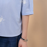 Cotton Blend Stripe Embroidery Oversize Fit Shirt Collar Short Sleeve Blouse