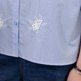 Cotton Blend Stripe Embroidery Oversize Fit Shirt Collar Short Sleeve Blouse