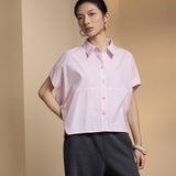 Cotton Chambray Relax Fit Shirt Collar Short Sleeve Blouse