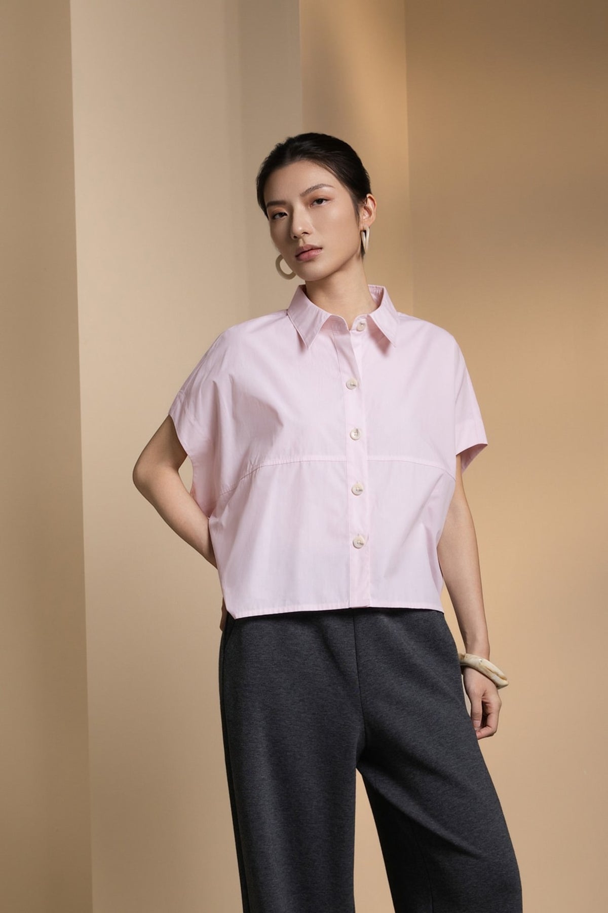 Cotton Chambray Relax Fit Shirt Collar Short Sleeve Blouse