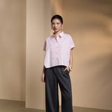 Cotton Chambray Relax Fit Shirt Collar Short Sleeve Blouse